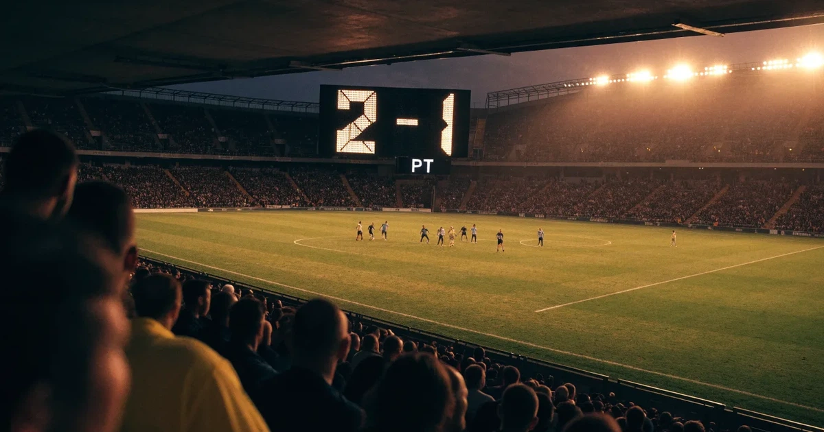 Um marcador eletrónico de um estádio com o resultado a meio da segunda parte, visto das bancadas