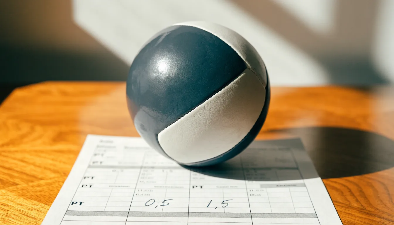 Uma bola de futebol pousada sobre um talão de apostas em branco numa mesa de madeira, à luz do dia