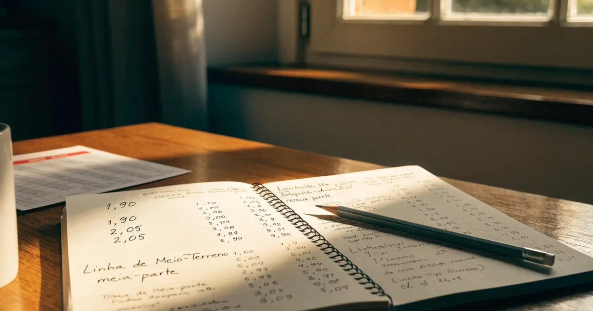 Um caderno aberto com cotas escritas à mão, uma calculadora e um lápis sobre uma mesa de madeira