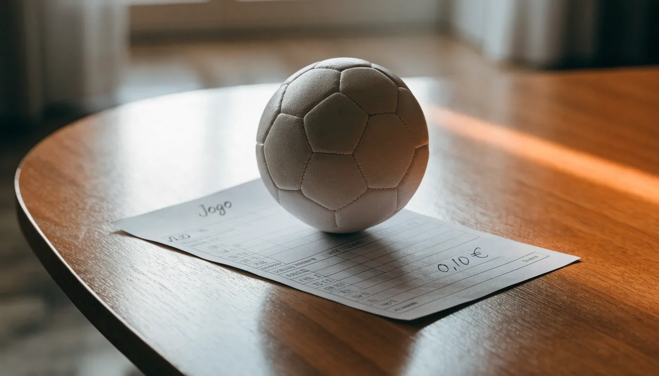 Uma bola de futebol pousada sobre um talão de apostas em branco numa mesa de madeira, à luz do dia