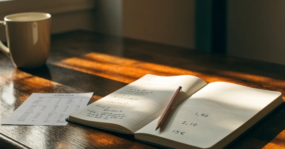 Um caderno aberto com cotas escritas à mão, uma calculadora e um lápis sobre uma mesa de madeira