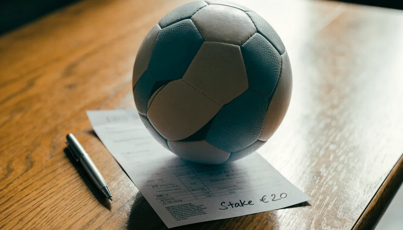 Uma bola de futebol pousada sobre um talão de apostas em branco numa mesa de madeira, à luz do dia