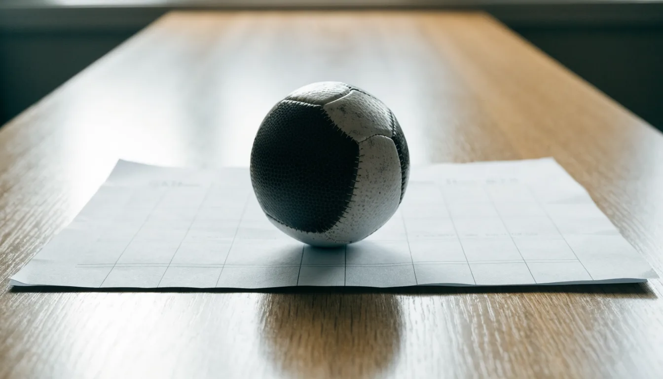 Uma bola de futebol pousada sobre um talão de apostas em branco numa mesa de madeira, à luz do dia