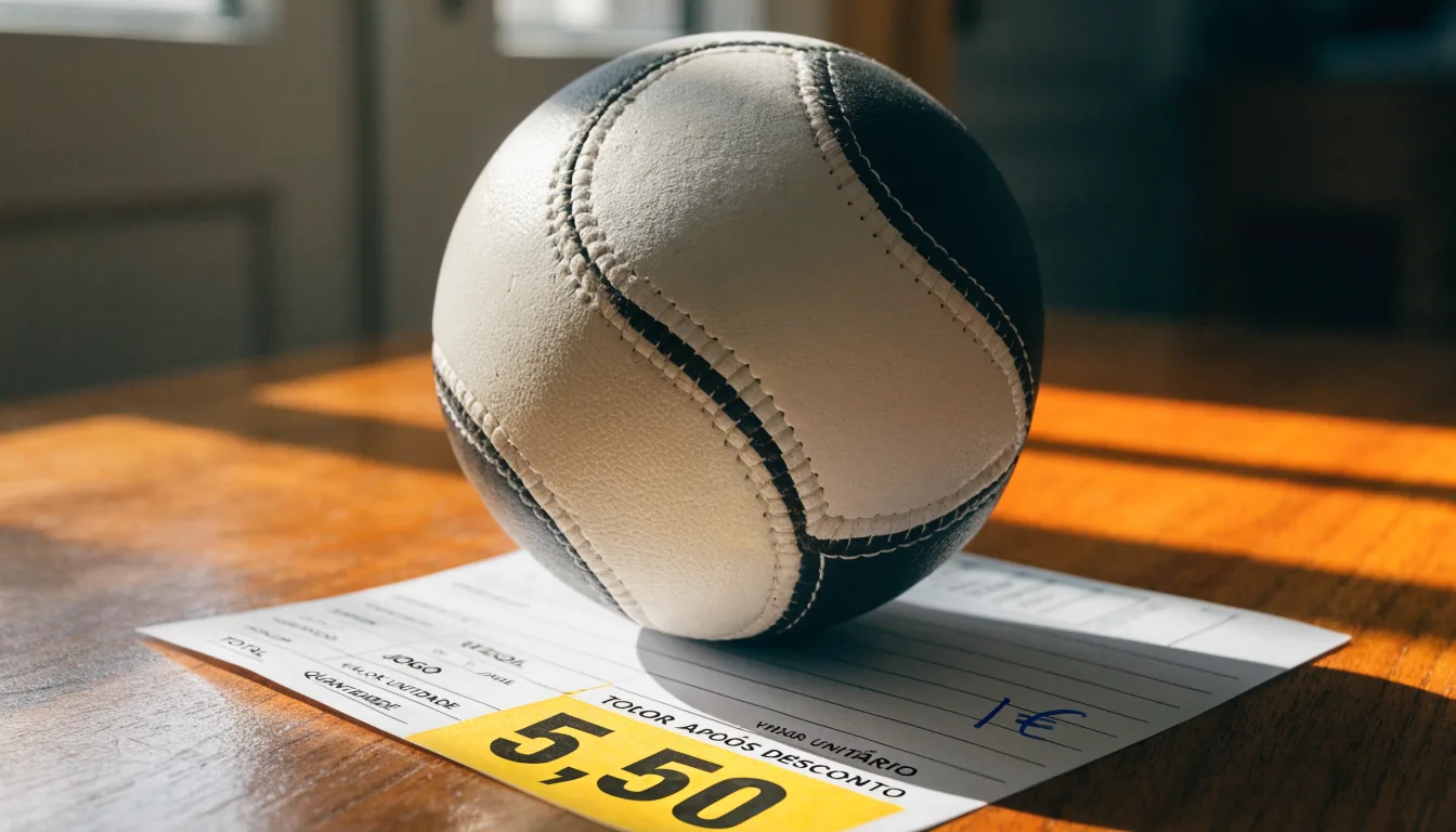 Uma bola de futebol pousada sobre um talão de apostas em branco numa mesa de madeira, à luz do dia
