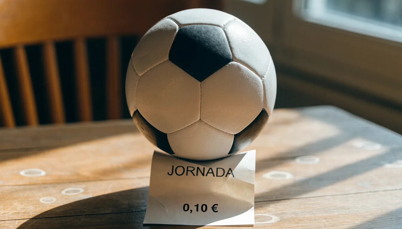 Uma bola de futebol pousada sobre um talão de apostas em branco numa mesa de madeira, à luz do dia