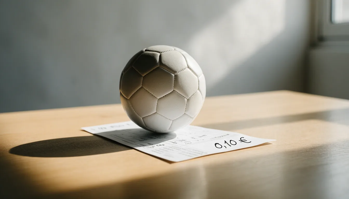 Uma bola de futebol pousada sobre um talão de apostas em branco numa mesa de madeira, à luz do dia