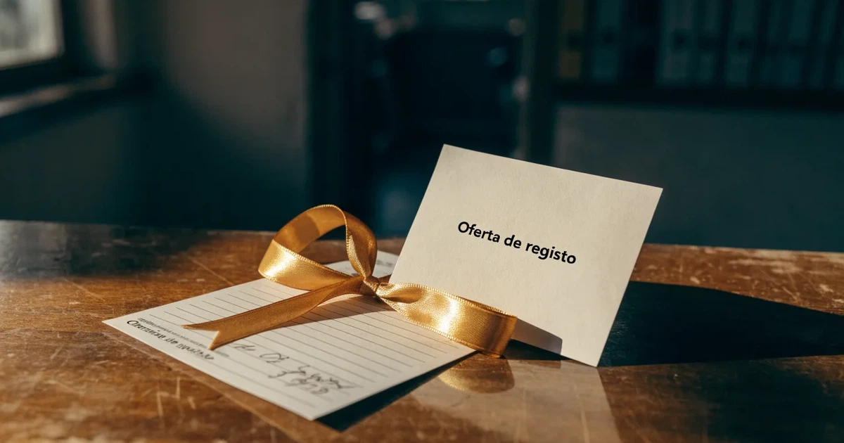 Um cartão de oferta com uma fita dourada ao lado de um talão de apostas numa bancada de madeira