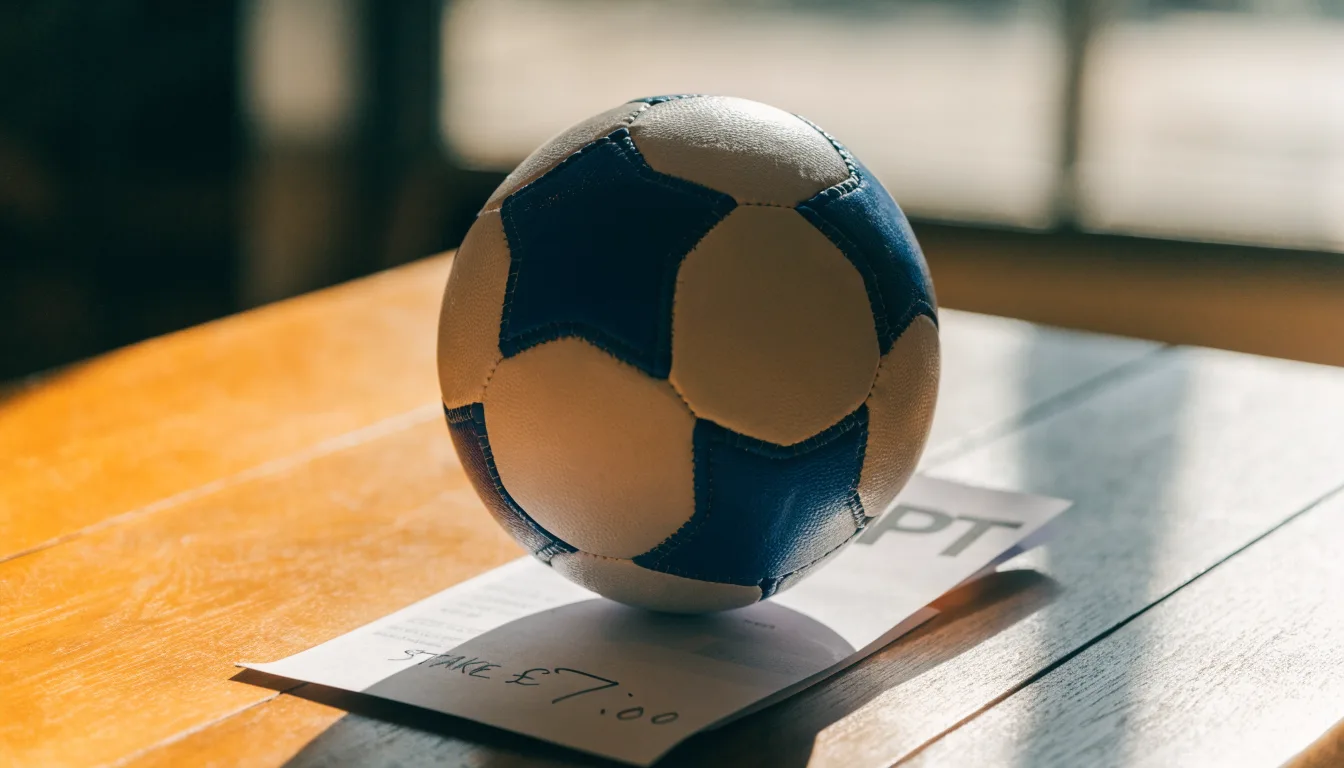 Uma bola de futebol pousada sobre um talão de apostas em branco numa mesa de madeira, à luz do dia