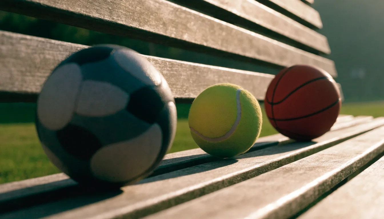 Três bolas de desportos diferentes alinhadas lado a lado num banco de madeira