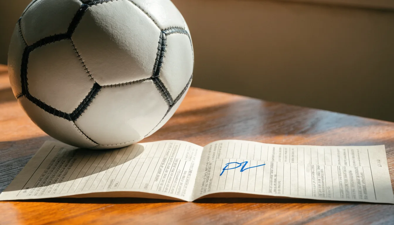 Uma bola de futebol pousada sobre um talão de apostas em branco numa mesa de madeira, à luz do dia