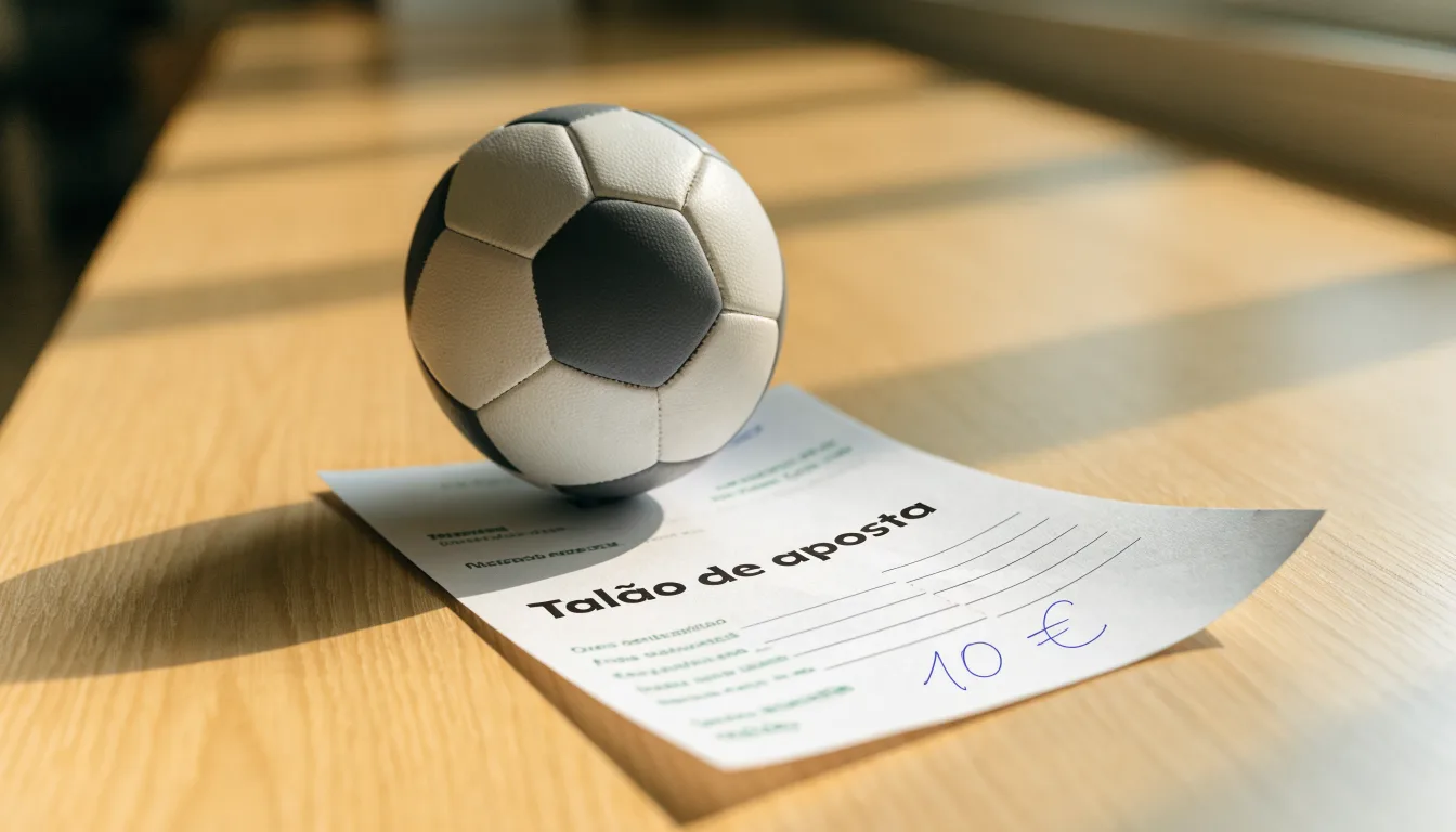 Uma bola de futebol pousada sobre um talão de apostas em branco numa mesa de madeira, à luz do dia