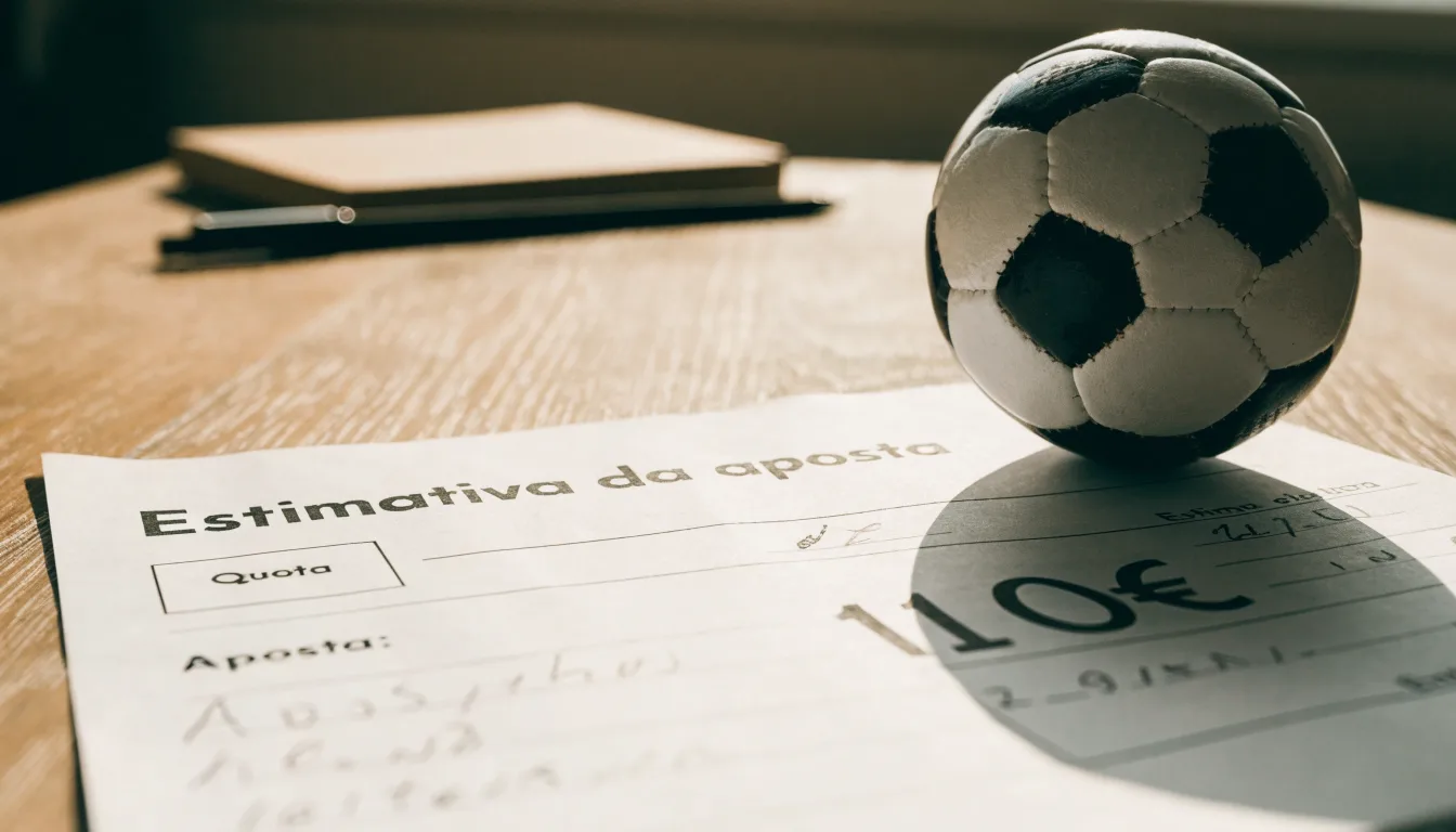 Uma bola de futebol pousada sobre um talão de apostas em branco numa mesa de madeira, à luz do dia