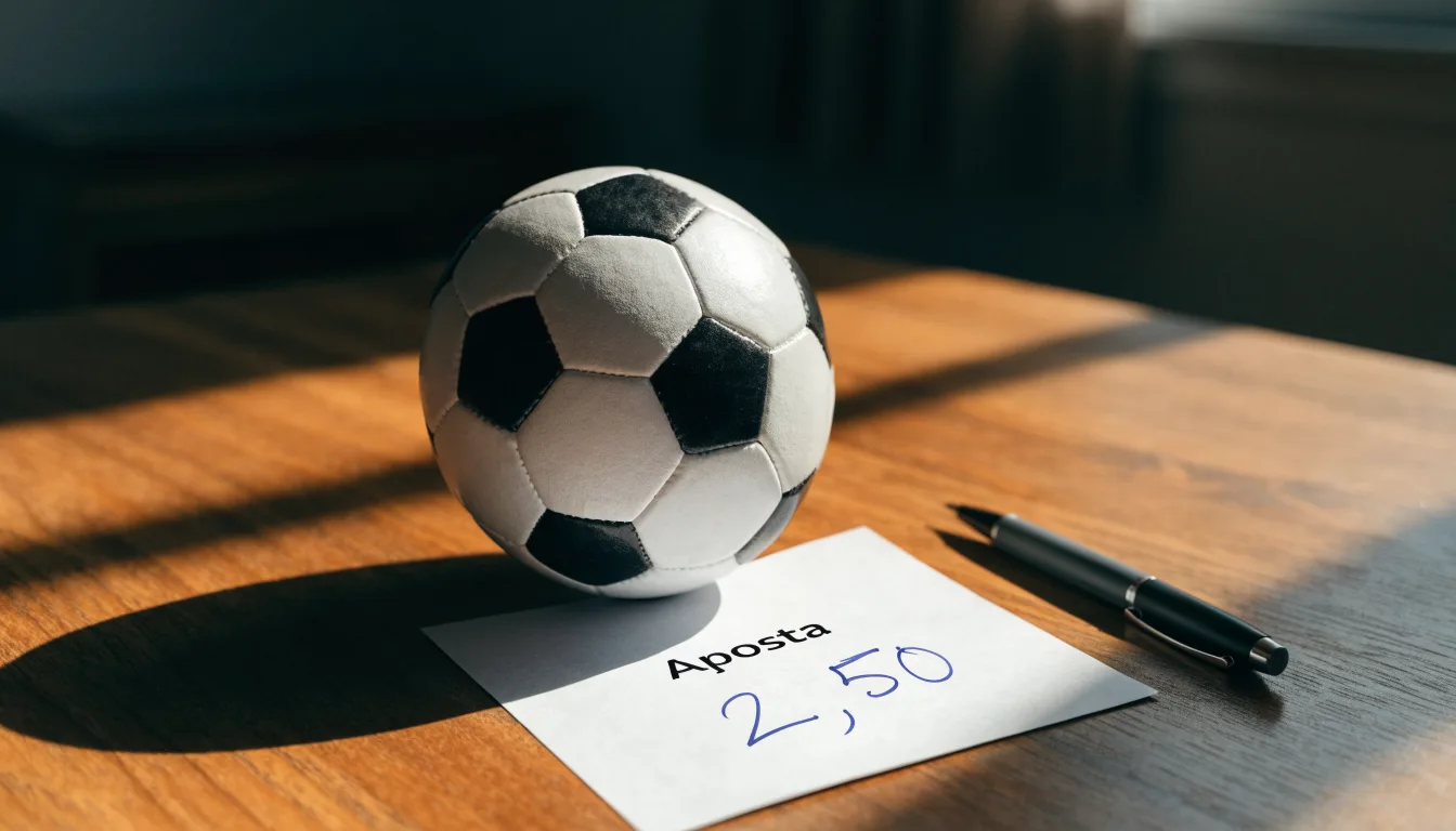 Uma bola de futebol pousada sobre um talão de apostas em branco numa mesa de madeira, à luz do dia