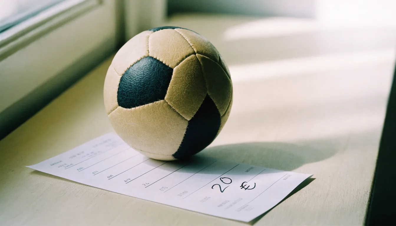 Uma bola de futebol pousada sobre um talão de apostas em branco numa mesa de madeira, à luz do dia
