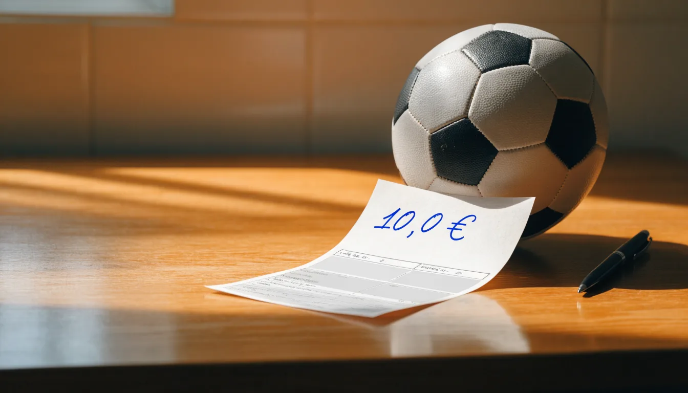 Uma bola de futebol pousada sobre um talão de apostas em branco numa mesa de madeira, à luz do dia