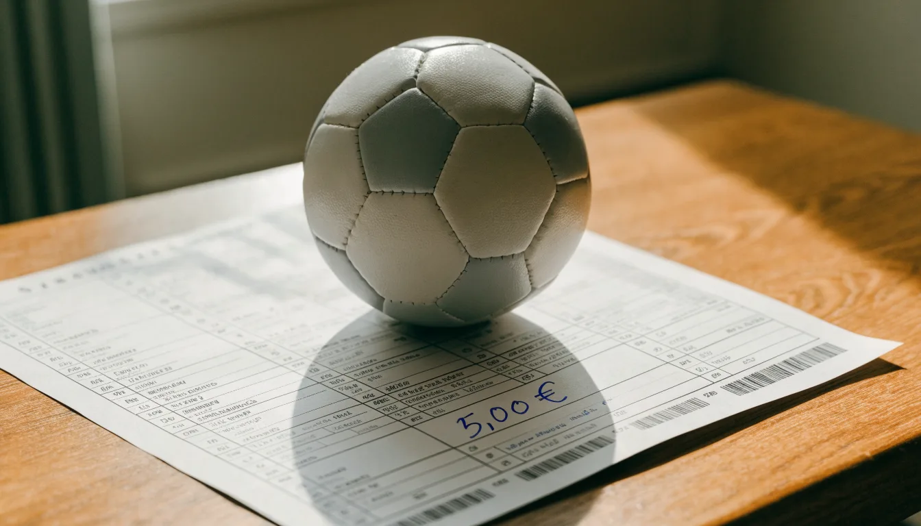 Uma bola de futebol pousada sobre um talão de apostas em branco numa mesa de madeira, à luz do dia
