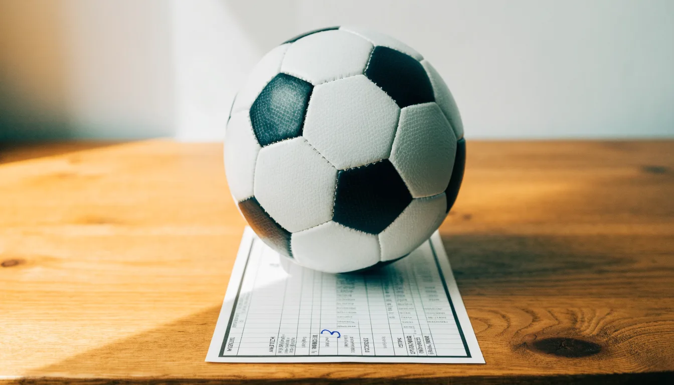Uma bola de futebol pousada sobre um talão de apostas em branco numa mesa de madeira, à luz do dia