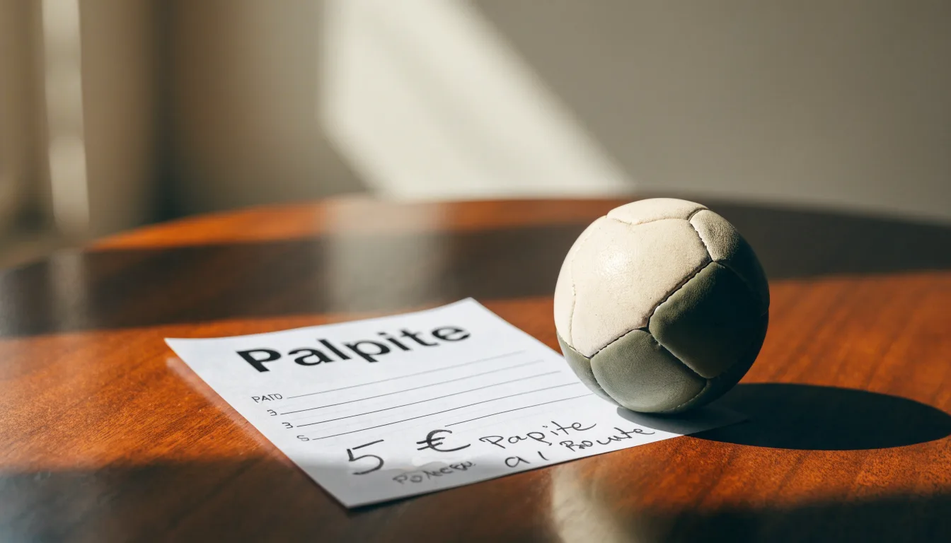 Uma bola de futebol pousada sobre um talão de apostas em branco numa mesa de madeira, à luz do dia