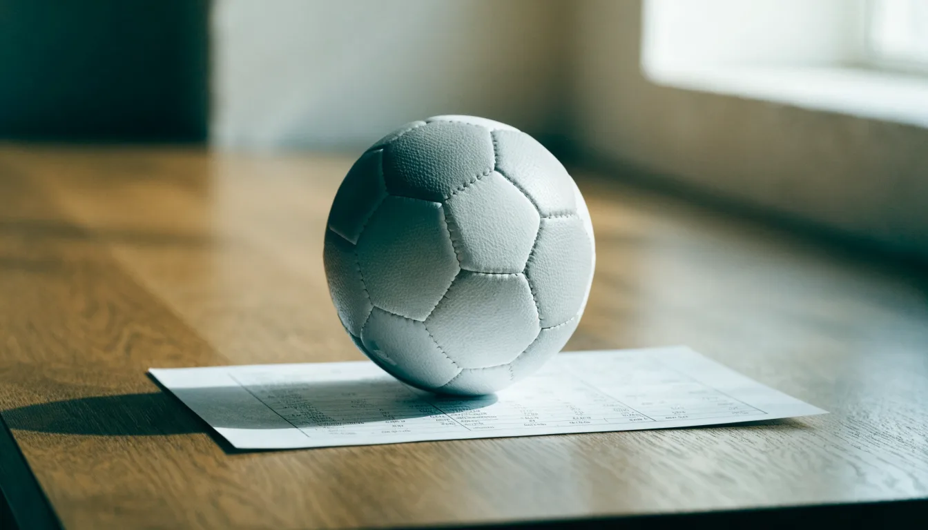 Uma bola de futebol pousada sobre um talão de apostas em branco numa mesa de madeira, à luz do dia