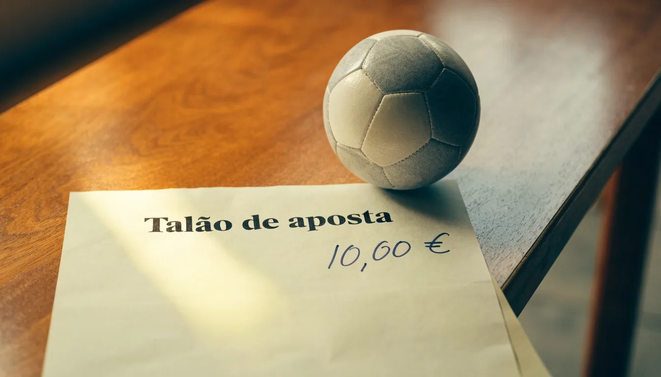 Uma bola de futebol pousada sobre um talão de apostas em branco numa mesa de madeira, à luz do dia