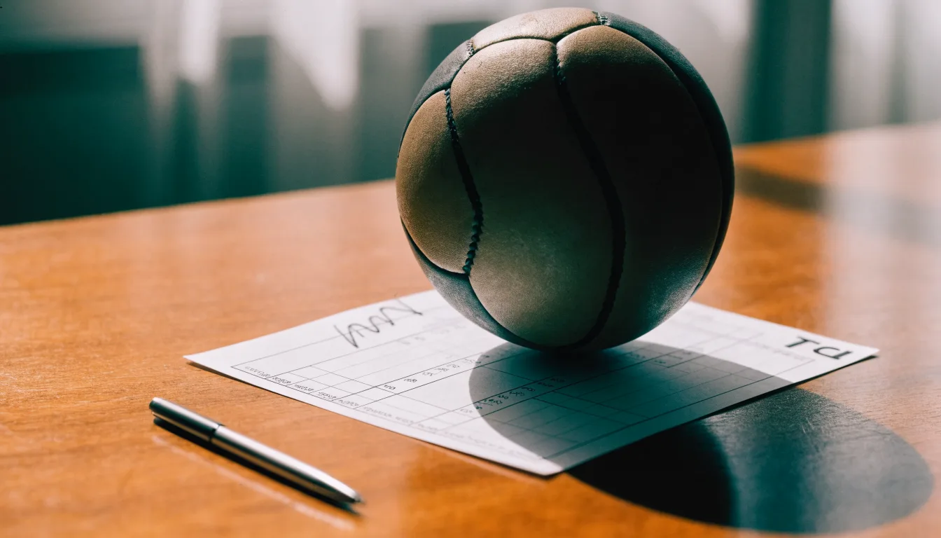 Uma bola de futebol pousada sobre um talão de apostas em branco numa mesa de madeira, à luz do dia