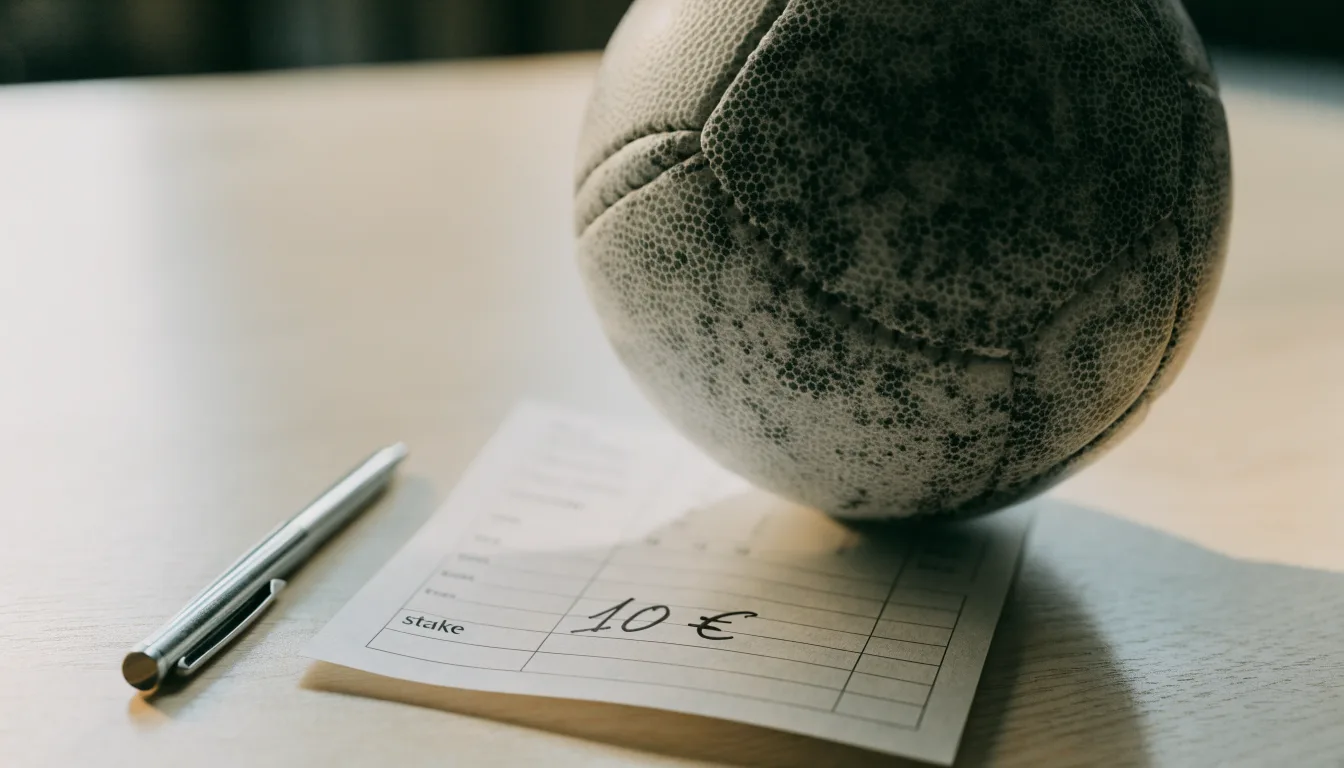 Uma bola de futebol pousada sobre um talão de apostas em branco numa mesa de madeira, à luz do dia