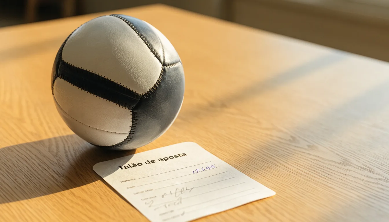 Uma bola de futebol pousada sobre um talão de apostas em branco numa mesa de madeira, à luz do dia