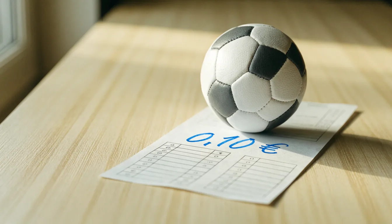 Uma bola de futebol pousada sobre um talão de apostas em branco numa mesa de madeira, à luz do dia