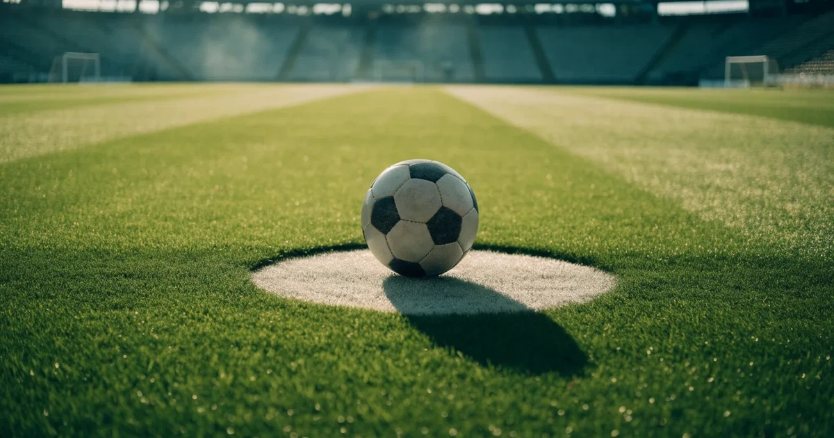 Uma bola de futebol no ponto central de um relvado, à luz da manhã