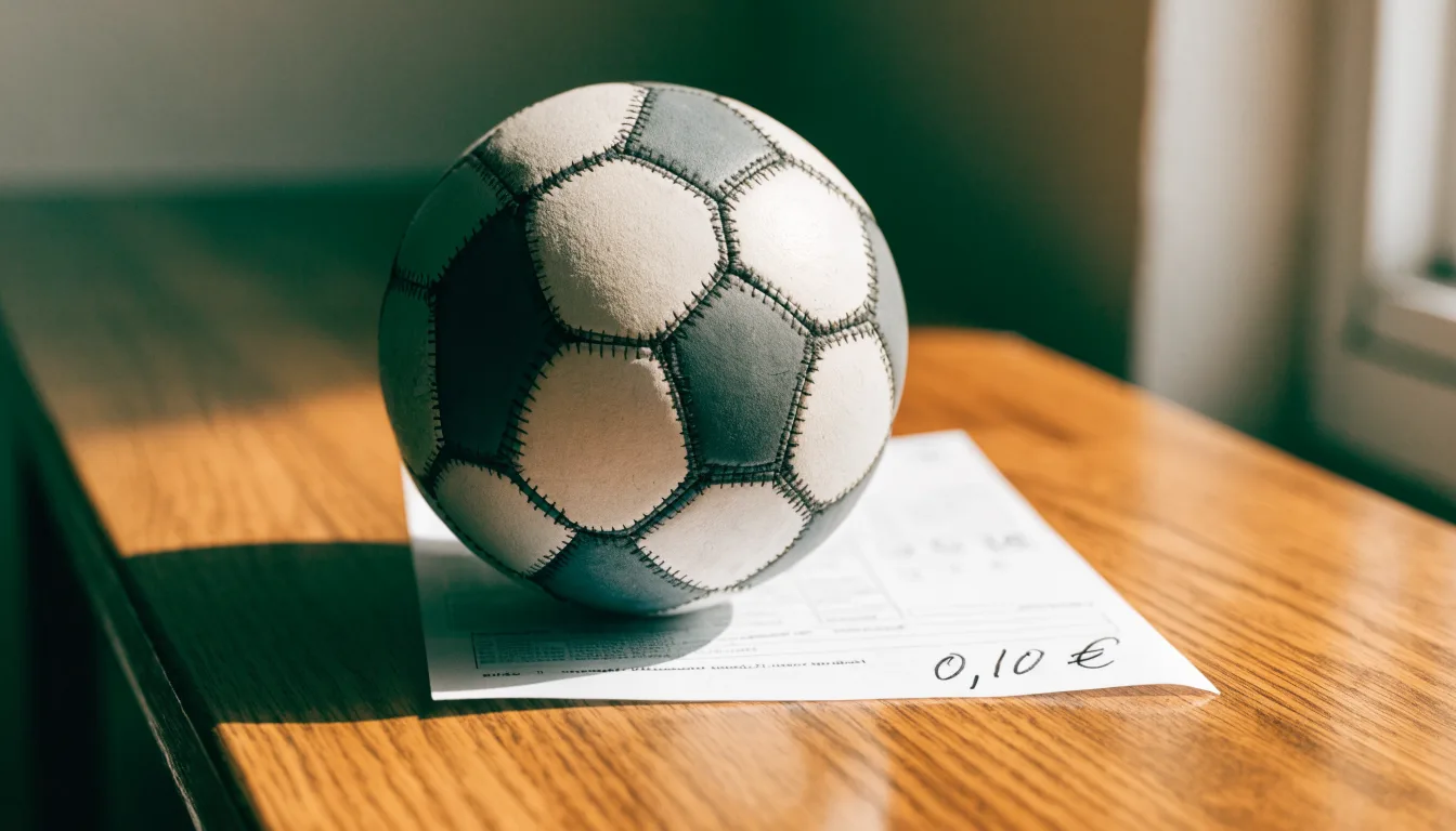 Uma bola de futebol pousada sobre um talão de apostas em branco numa mesa de madeira, à luz do dia