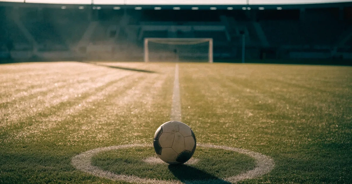 Uma bola de futebol no ponto central de um relvado, à luz da manhã