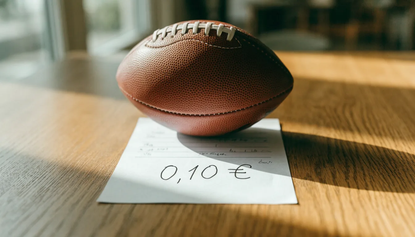Uma bola de futebol pousada sobre um talão de apostas em branco numa mesa de madeira, à luz do dia