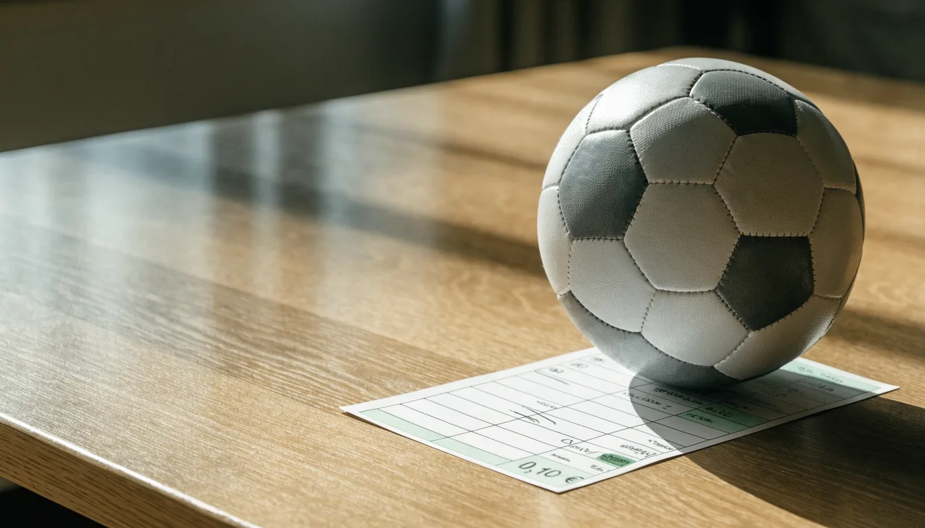 Uma bola de futebol pousada sobre um talão de apostas em branco numa mesa de madeira, à luz do dia