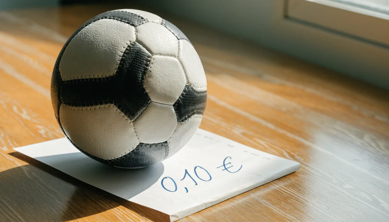 Uma bola de futebol pousada sobre um talão de apostas em branco numa mesa de madeira, à luz do dia
