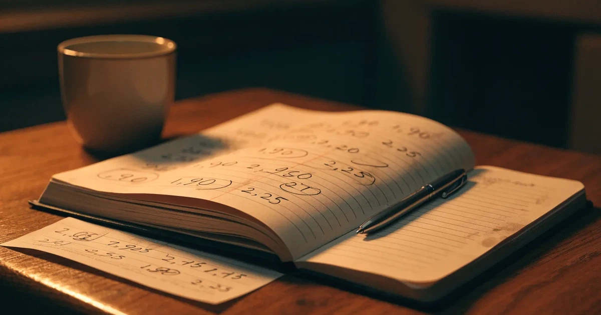 Um caderno aberto com cotas escritas à mão, uma calculadora e um lápis sobre uma mesa de madeira