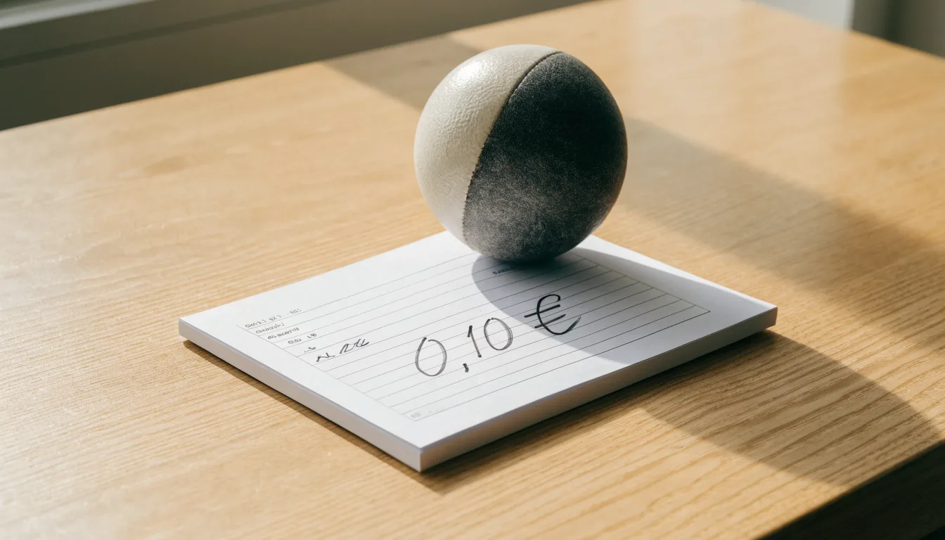 Uma bola de futebol pousada sobre um talão de apostas em branco numa mesa de madeira, à luz do dia
