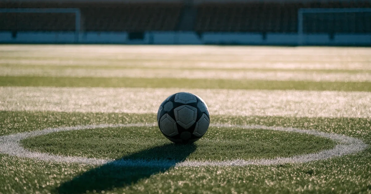 Uma bola de futebol no ponto central de um relvado, à luz da manhã