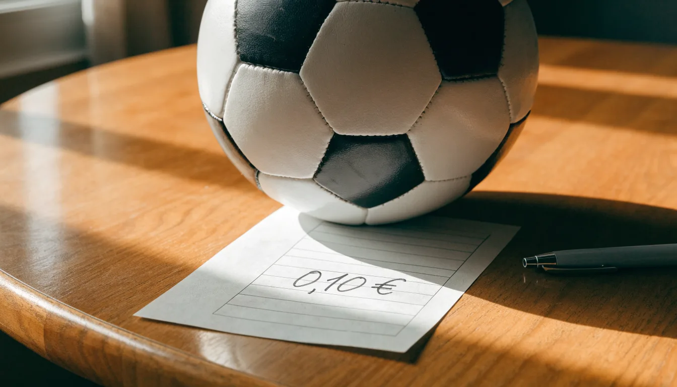 Uma bola de futebol pousada sobre um talão de apostas em branco numa mesa de madeira, à luz do dia