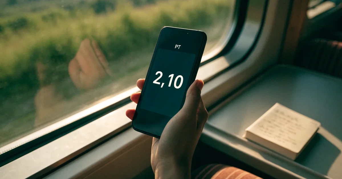 Uma mão a segurar um telemóvel com uma aposta no ecrã, num comboio ao fim da tarde