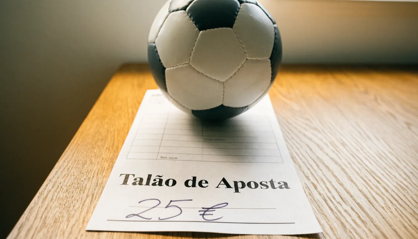 Uma bola de futebol pousada sobre um talão de apostas em branco numa mesa de madeira, à luz do dia