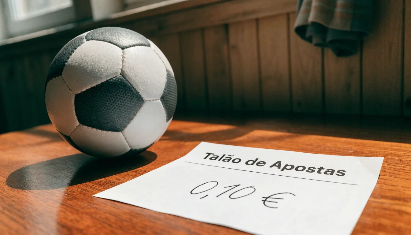 Uma bola de futebol pousada sobre um talão de apostas em branco numa mesa de madeira, à luz do dia