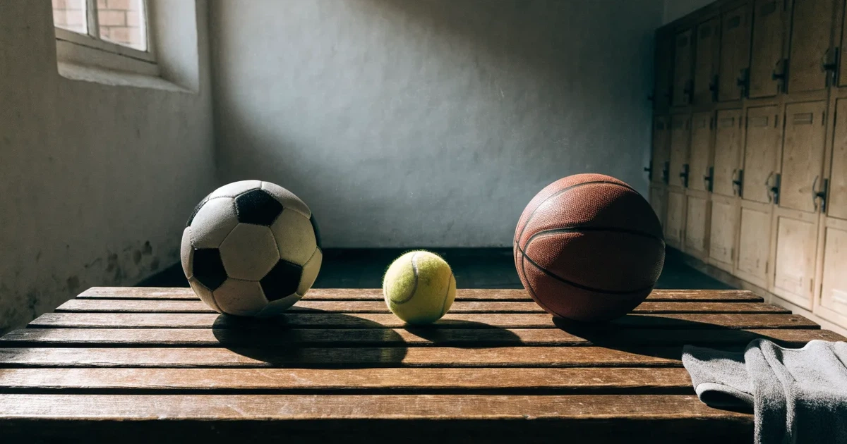 Três bolas de desportos diferentes alinhadas lado a lado num banco de madeira