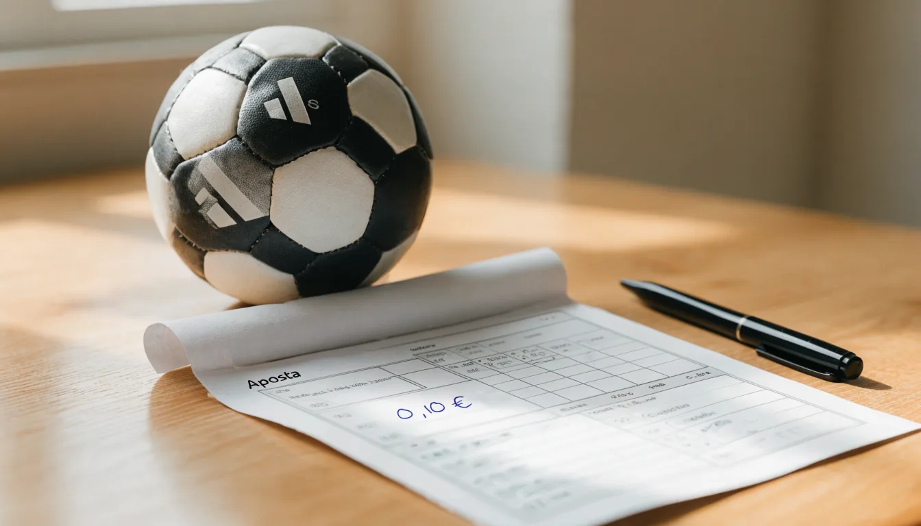 Uma bola de futebol pousada sobre um talão de apostas em branco numa mesa de madeira, à luz do dia