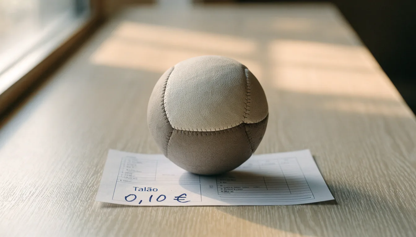 Uma bola de futebol pousada sobre um talão de apostas em branco numa mesa de madeira, à luz do dia