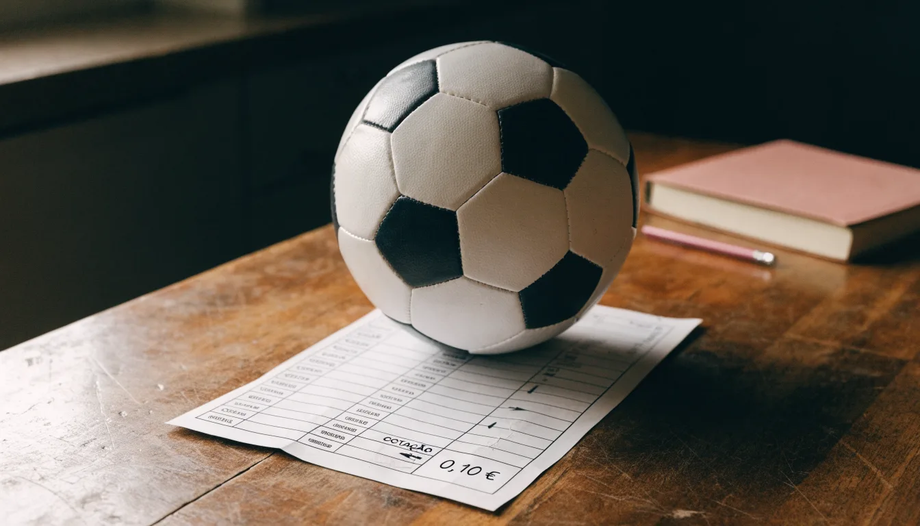 Uma bola de futebol pousada sobre um talão de apostas em branco numa mesa de madeira, à luz do dia