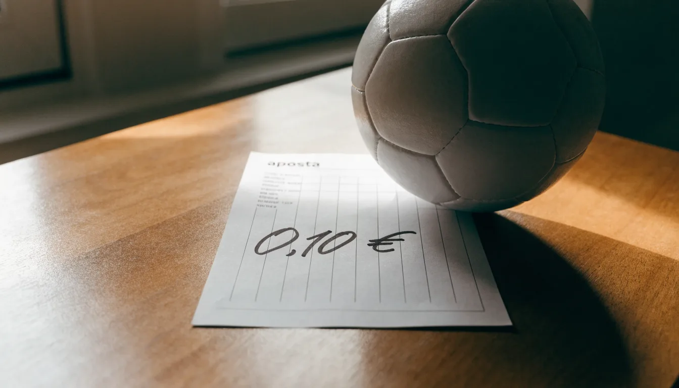 Uma bola de futebol pousada sobre um talão de apostas em branco numa mesa de madeira, à luz do dia