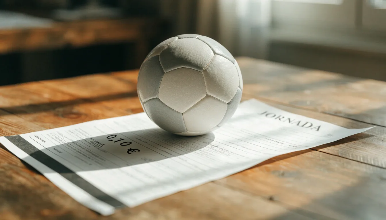 Uma bola de futebol pousada sobre um talão de apostas em branco numa mesa de madeira, à luz do dia