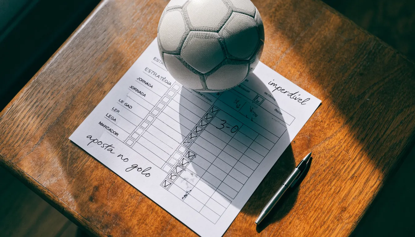 Uma bola de futebol pousada sobre um talão de apostas em branco numa mesa de madeira, à luz do dia