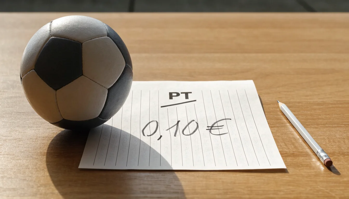 Uma bola de futebol pousada sobre um talão de apostas em branco numa mesa de madeira, à luz do dia