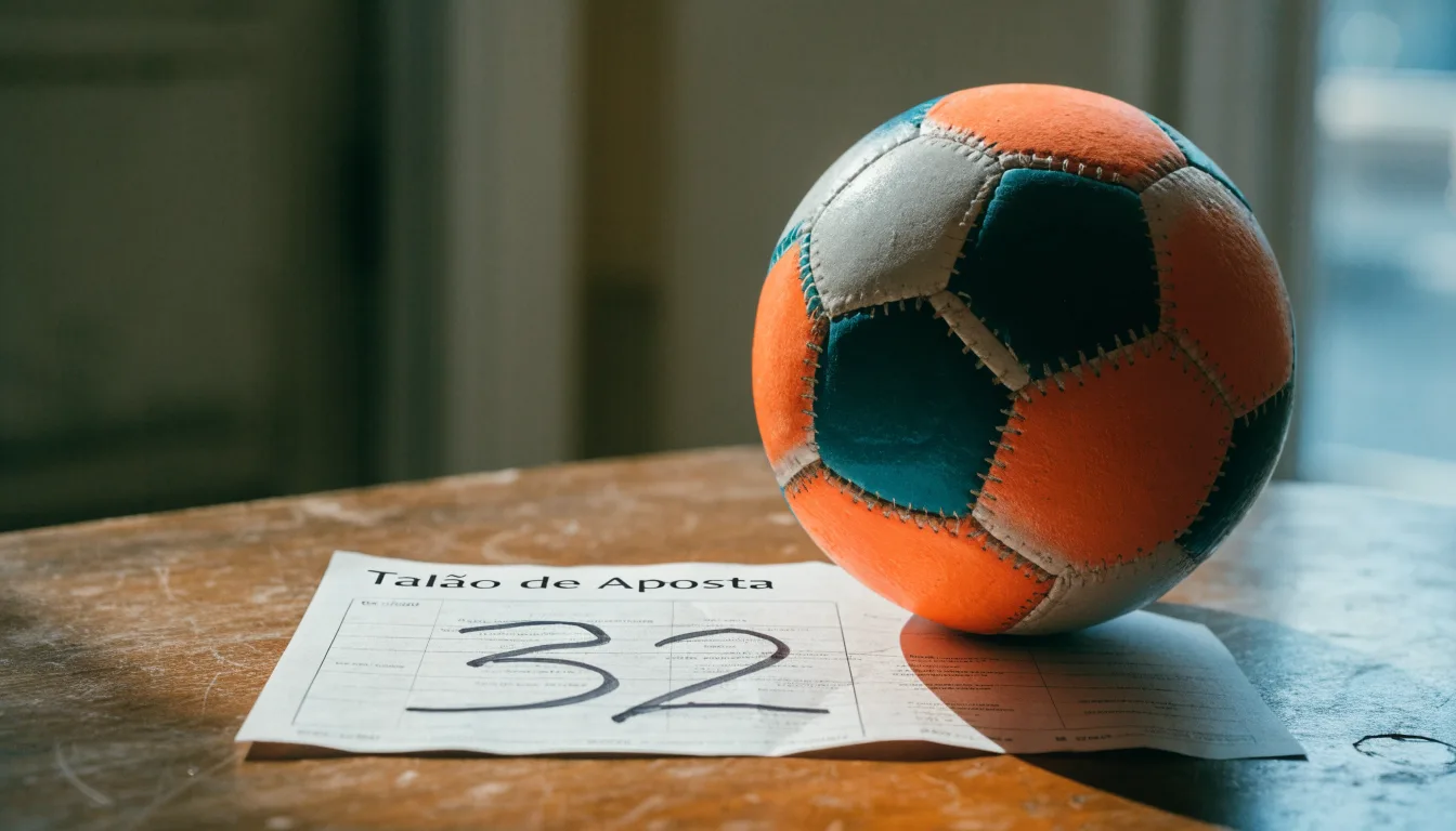 Uma bola de futebol pousada sobre um talão de apostas em branco numa mesa de madeira, à luz do dia